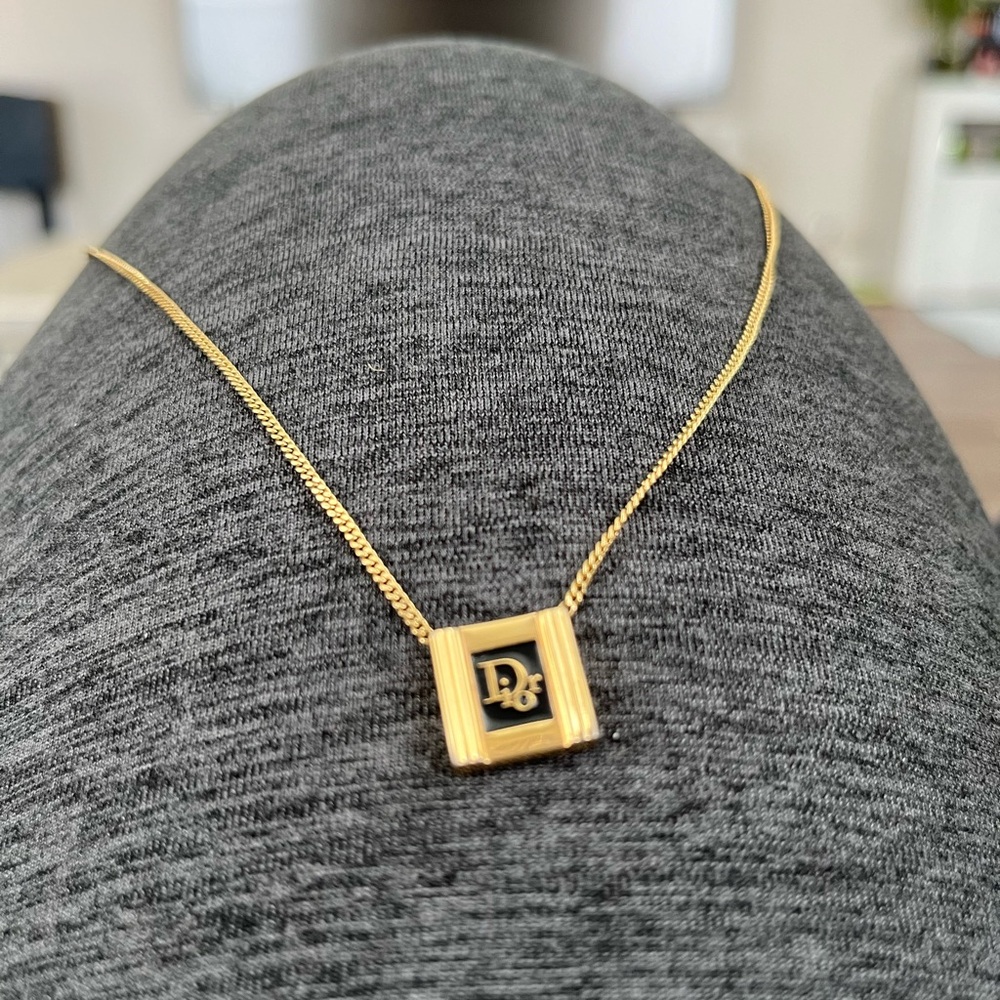 Christian Dior black enamel pendant on 16” chain EUC NO CALLOUTS
